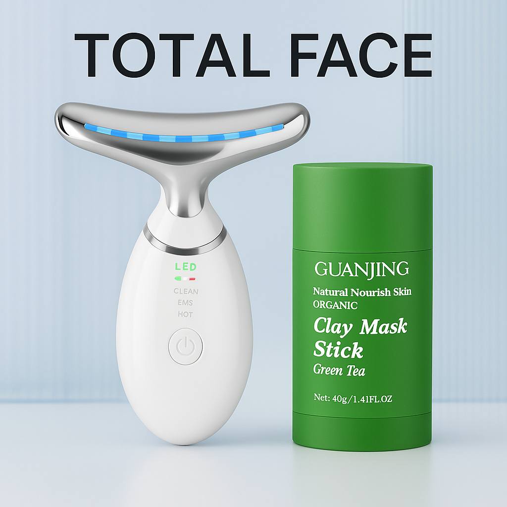 TOTAL FACE – Pack masajeador facial LED + mascarilla té verde